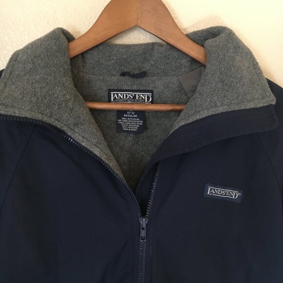 Vintage Lands End Coat M Polartec Navy Blue Fleece Lined Bomber Style - Picture 2 of 5